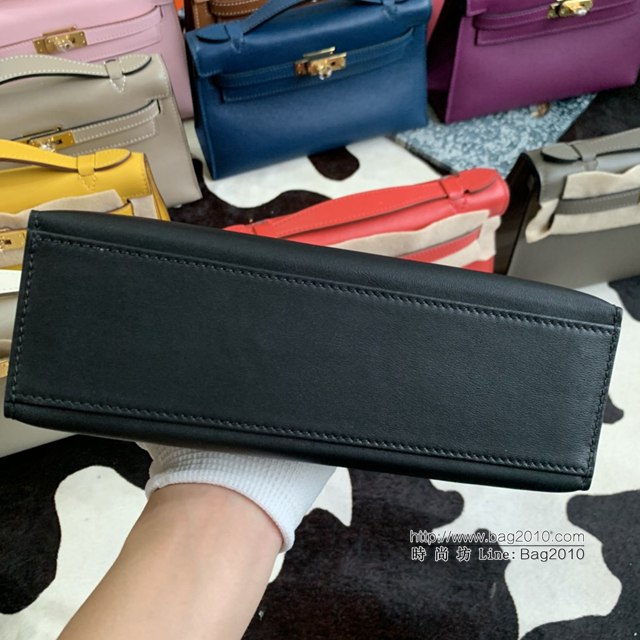 Hermes凱利女包 愛馬仕Minikelly pochette一代 原廠進口swift皮 半手工蠟線 黑色 金銀扣  tdh2266